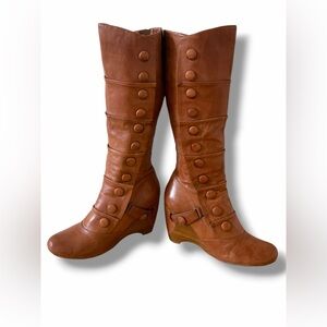 Miz Mooz Siri Brown Leather Button Wedge Boots 8.5 Whimsigoth Boho Vintage